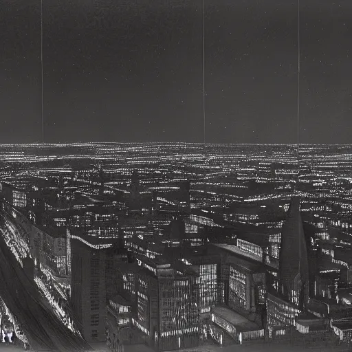 Image similar to photorealistc painting of a nightmarish boston downtown skyline in 1 9 2 5 at night, aerial view, dark, brooding, night, atmospheric, horror, cosmic, ultra - realistic, smooth, highly detailed