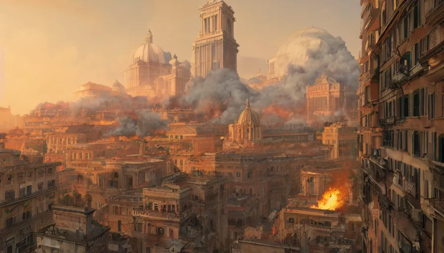 Prompt: A highly detailed matte painting of the Sack of Rome, fire and smoke, by Studio Ghibli, Makoto Shinkai, by Artgerm, by beeple, volumetric lighting, octane render, 4K resolution, trending on artstation, masterpiece