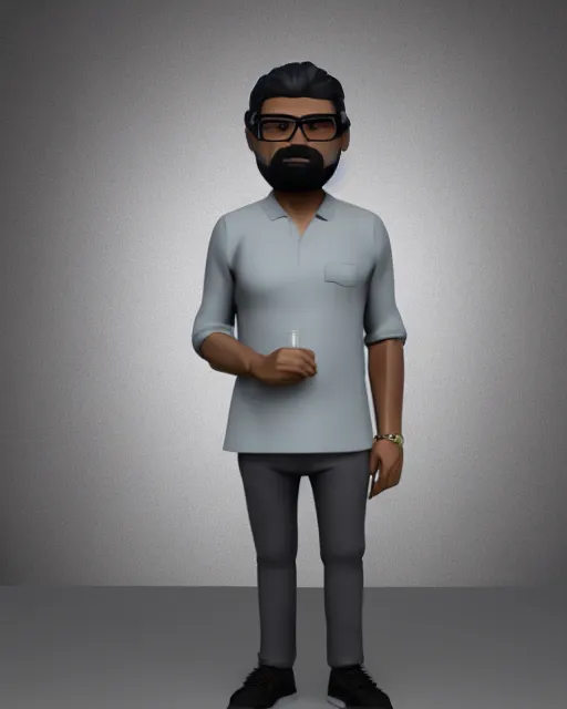 Prompt: full body 3 d render of middle aged indian man, grey! thin beard, small glasses, grey hair, as a full body funko pop!, studio lighting, grey background, single body, no shadow, blender, trending on artstation, 8 k, highly detailed