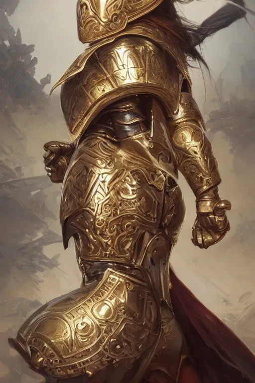 Image similar to an attractive female warrior, ornate metallic helmet, battle armor, olive skin, long dark hair, beautiful bone structure, elegant, highly detailed, digital painting, trending on Artstation, concept art, smooth, sharp focus, illustration, art by artgerm and greg rutkowski and alphonse mucha