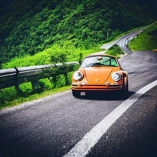 Prompt: “an orang-utan driving a classic Porsche through the Austrian mountains”