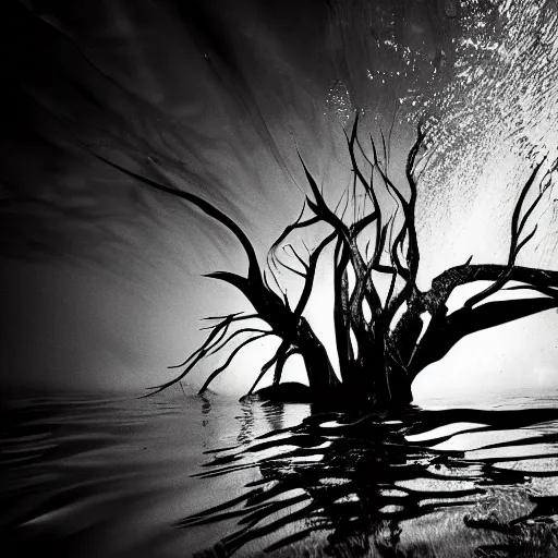 Image similar to long roots underwater, award winning black and white photography, high contrast, high definition