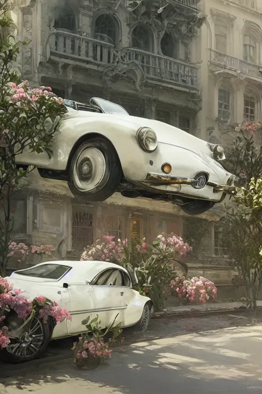 Image similar to ultra realistic illustration, old white vintage car in the city with flowers blooming out the window, elegant, highly detailed, digital painting, concept art, smooth, sharp focus, illustration, art by greg rutkowski and alphonse mucha