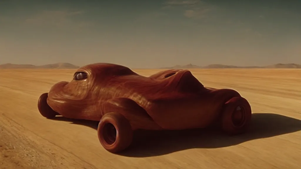 Image similar to the creature drives a hot rod, made of wax and water, film still from the movie directed by Denis Villeneuve with art direction by Salvador Dalí, wide lens