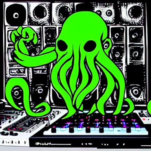 Prompt: cthulhu on the dj decks