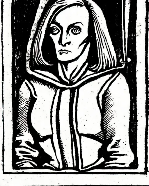 Image similar to woodcut illustration of dana scully from the nuremberg chronicle, 1 4 9 3, sharp scan, restored