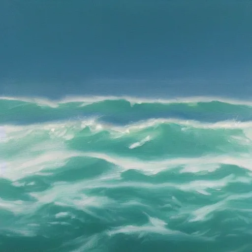 Image similar to a painting of an ocean full of waves half above water, half below water