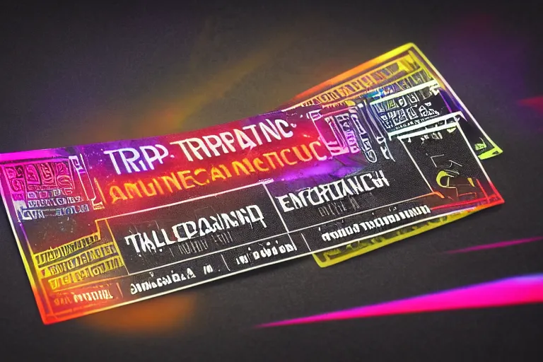 Image similar to photoshop mockup of a concert ticket on a table, bandname is tripmachine, realistic digital art, on the ticket is a 3 d render of a huge futuristic steampunk generator, 8 k, fluorescent colors, halluzinogenic, multicolored, exaggerated detailed, unreal engine