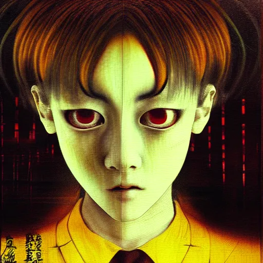 Image similar to yoshitaka amano blurred and dreamy realistic three quarter angle horror portrait of a sinister young woman with short hair and yellow eyes wearing office suit with tie, junji ito abstract patterns in the background, satoshi kon anime, noisy film grain effect, highly detailed, renaissance oil painting, weird portrait angle, blurred lost edges