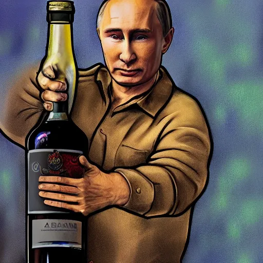 Prompt: putin holding a bottle of alcohol named arak, cinematic, beautiful digital painting, hyper detailed