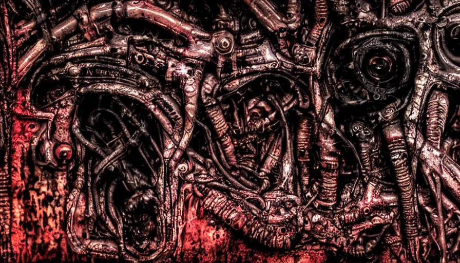 Prompt: h. r. giger, sorrow intense likely, acid bleeding deep colors, sense of decay given, throw into the abyssal despair, various refining techniques, micro macro auto focus, top photography photo art gallery, realistic photo, insane detail