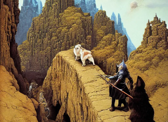 Image similar to Highly detailed oil painting of Gandalf fighting a corgi on a narrow rock bridge, underground, intricate artwork by Angus McBride, John Howe, Matthew Stewart, Ted Nasmith, heroic fantasy