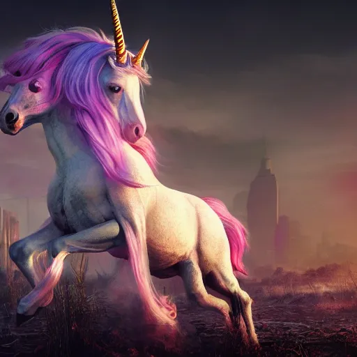 Prompt: a iridescent unicorn is injured, footsteps of blood follows behind it, toxic glowing smog in the sky, ultra realistic, concept art, intricate details, highly detailed, photorealistic, octane render, 8 k, style of mary jackson