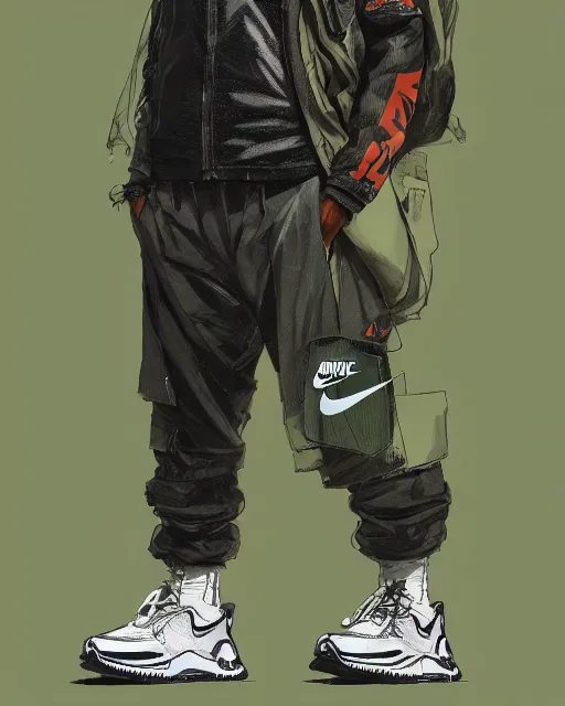 Image similar to Medium shot of a character wearing Nike ACG+Acronym P31-DS Pants in the style of greg rutkowski