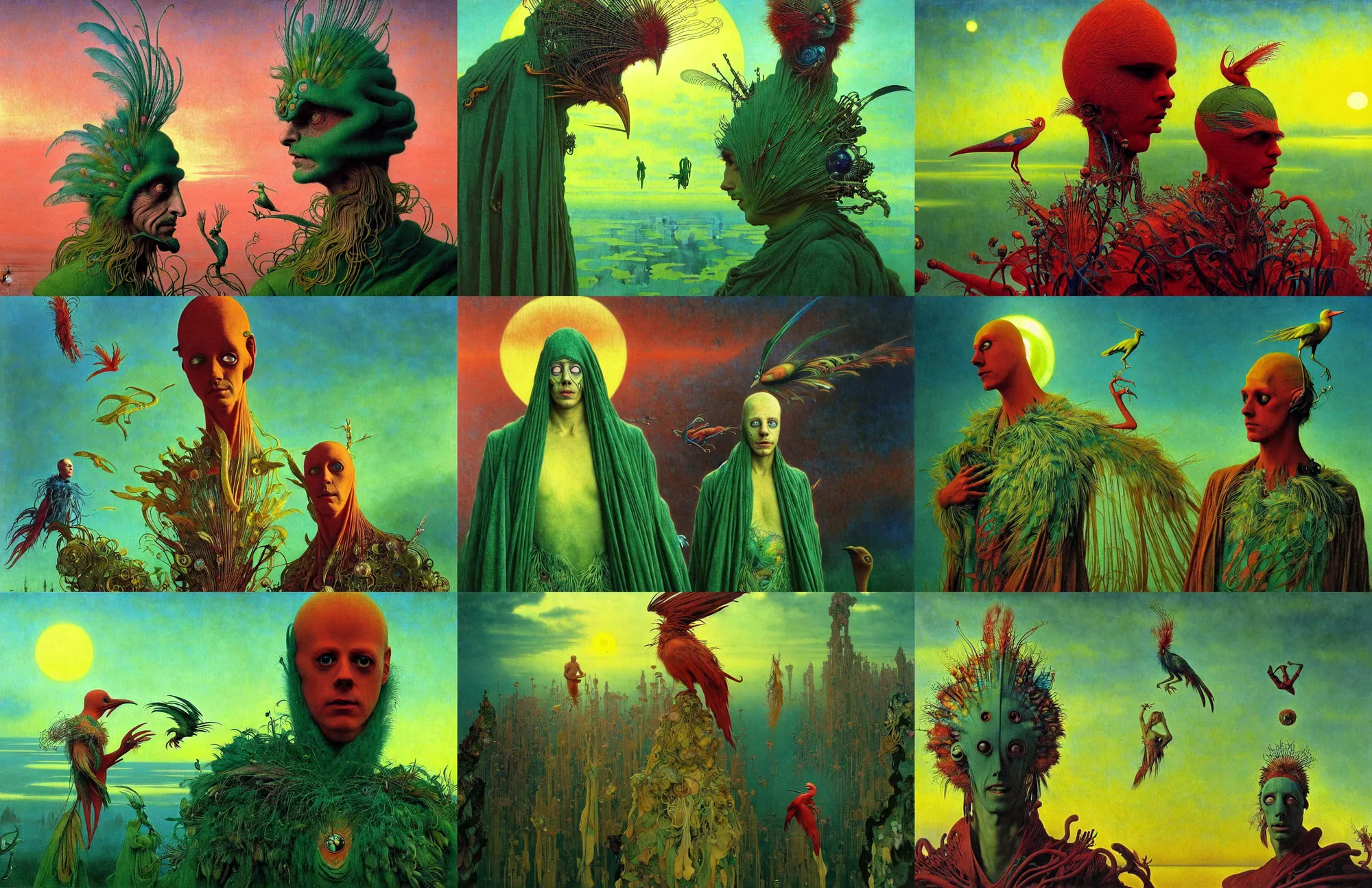 Image similar to realistic detailed portrait movie shot of a birdman wearing green ragged robes, sci fi city sunset landscape background by denis villeneuve, amano, yves tanguy, alphonse mucha, ernst haeckel, max ernst, roger dean, masterpiece, rich ethereal colours, feathers, creepy, occult, blue eyes