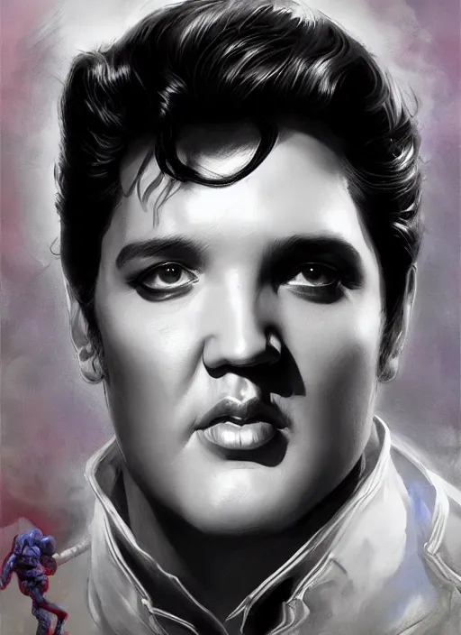 Image similar to Portrait of Elvis Presley, marvel comics, dark, intricate, highly detailed, smooth, artstation, digital illustration by Ruan Jia and Mandy Jurgens and Artgerm and Wayne Barlowe and Greg Rutkowski and Frank Frazetta