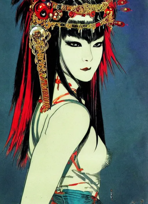 Image similar to mighty female korean vampiress, jeweled headdress, heavy mascara, strong line, saturated color, beautiful! coherent! by frank frazetta, high contrast, minimalism