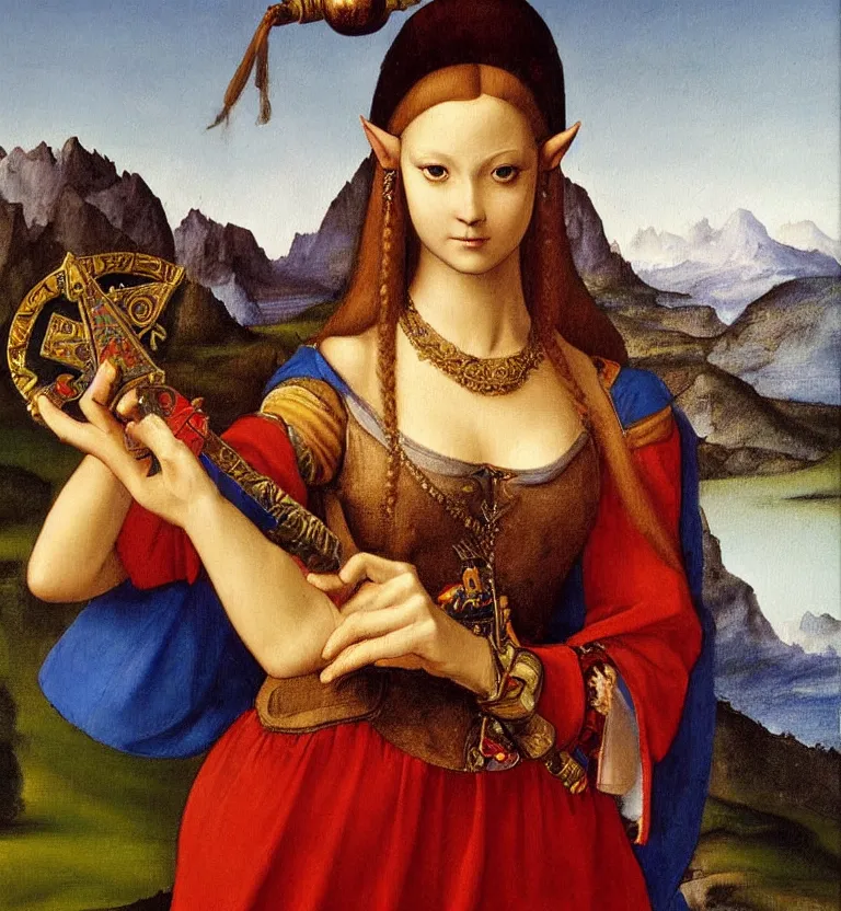 Image similar to oil painting half-length portrait of Princess Zelda holding the triforce and an ocarina by Leonardo da Vinci