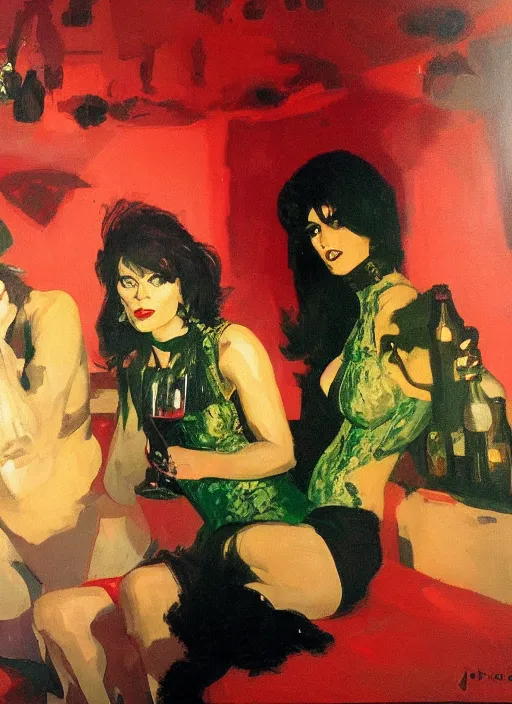 Prompt: glam rockers drinking brutal and raw wine, inside a green cave with red lights by joaquin sorolla, phil hale, extremely detailed