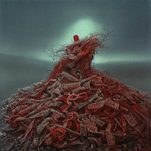 Image similar to a suureal painting of a lonely woman with pale skin and long red hair standing over a pile of bodies in post - apocalyptic snowy landscape, surrealism, by zdzislaw beksinski, by dariusz zawadzki, by john jude palencar