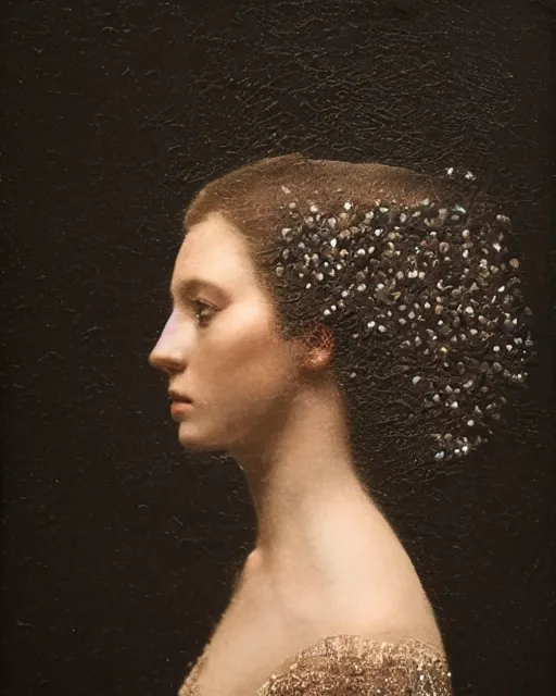 Image similar to a woman's face in profile, long hair made of crystals in the style of the Dutch masters and Gregory Crewdson, dark and moody