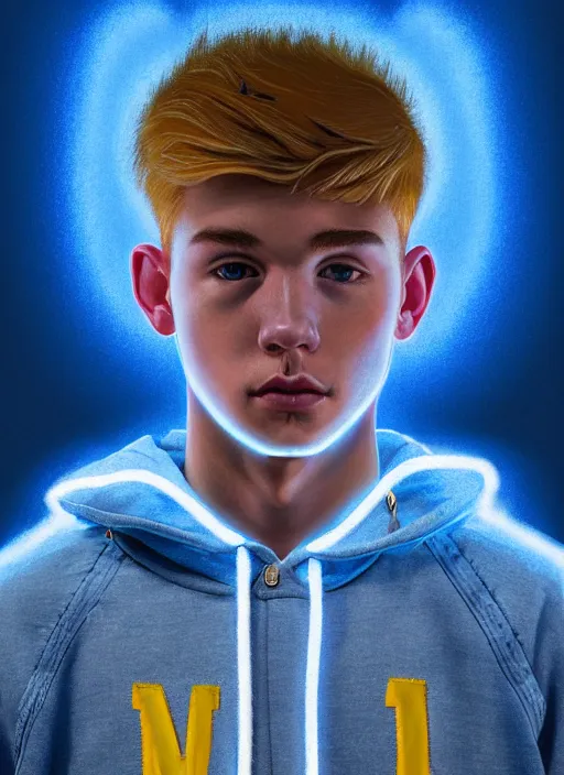 Image similar to portrait of high school senior boy named big moose, blonde short hair, jock, beefy, wide face, square jaw, square facial structure, blue varsity jacket with letter r, intricate, elegant, glowing lights, highly detailed, digital painting, artstation, concept art, sharp focus, illustration, art by wlop, mars ravelo and greg rutkowski