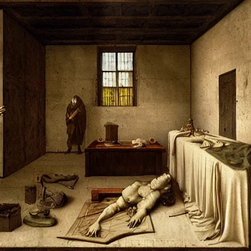 Image similar to a wider shot of the morgue. leonardo da vinci, in his late 3 0 ’ s, sits alone. he has parchment and a pen, and is sketching the human heart. in the background – past the heart – we see its occupant, a corpse, artstation, painting