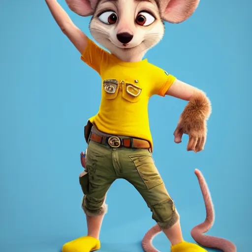 Image similar to 3 d render, portrait, mid shot, anthropomorphic mouse, female, blond fur, blue eyes, wearing denim short shorts, wearing a off yellow tank top shirt, solo, in the style of zootopia