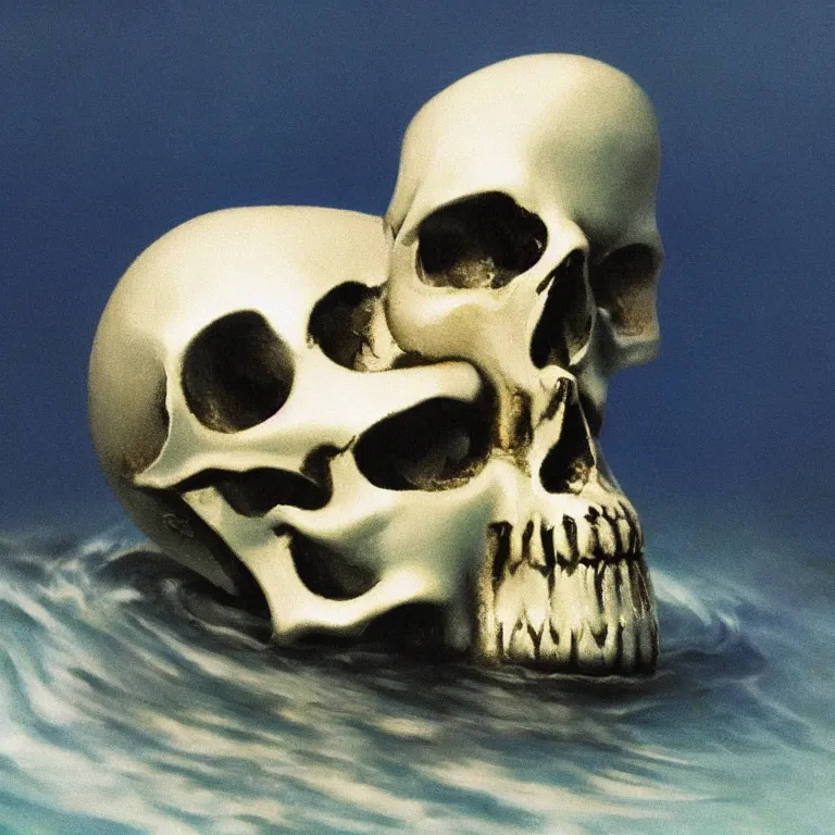 Prompt: closeup of metal skull submerged in milk painted by Edward Hopper, painted by Wayne Barlow, airbrush