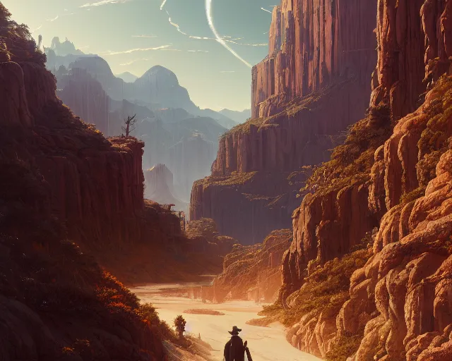 Image similar to highly detailed vfx landscape of westworld, stephen bliss, unreal engine, greg rutkowski, loish, rhads, beeple, makoto shinkai and lois van baarle, ilya kuvshinov, rossdraws, tom bagshaw, alphonse mucha, global illumination, detailed and intricate environment