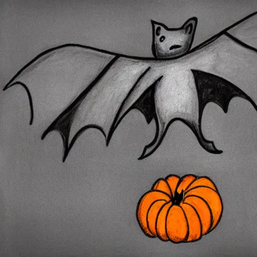 Image similar to white board drawing of a bat carrying a pumpkin