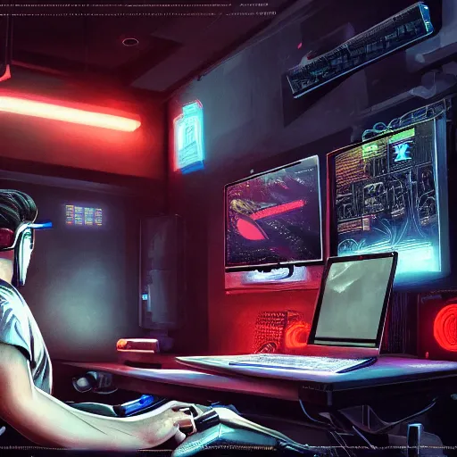 Image similar to realistic successful man typing on laptop in gaming room, artstation trends, cyberpunk concept art, highly detailed, intricate, sharp focus, digital art, 8 k