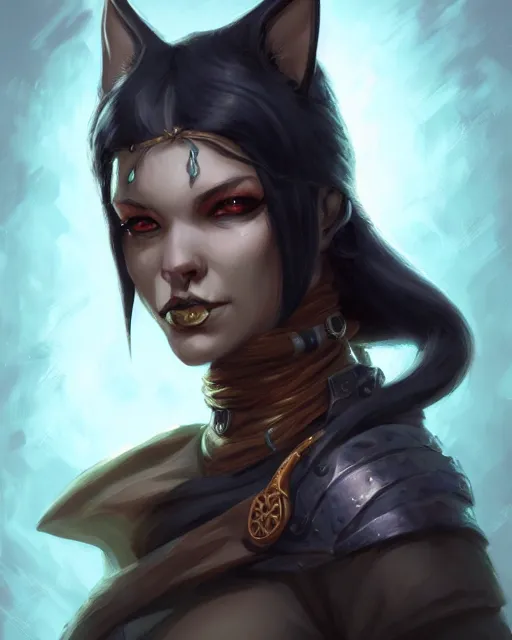 Image similar to Tabaxi :: Rogue, pretty, beautiful, DnD character art portrait, black hair, necromancy, matte fantasy painting, DeviantArt Artstation, by Jason Felix by Steve Argyle by Tyler Jacobson by Peter Mohrbacher, cinematic lighting.