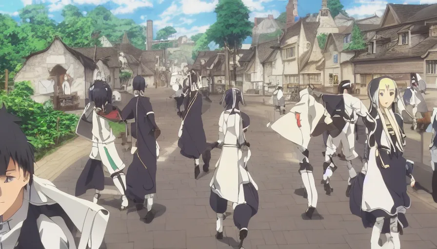 Prompt: Camera focusing on Ais-Wallenstein • walking through the middle of an isekai town street • cinematic anime screenshot by the Studio JC STAFF