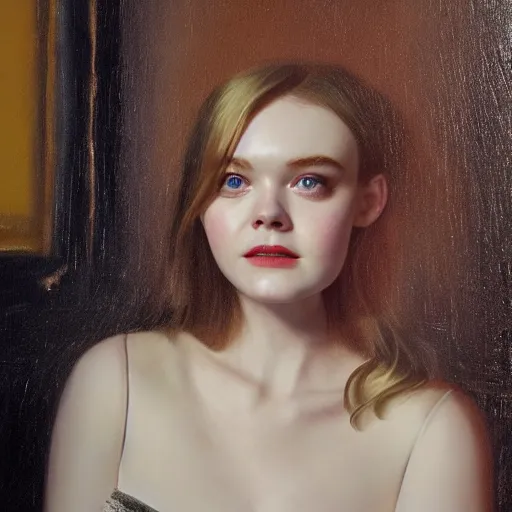 Image similar to Elle Fanning at a diner, head and shoulders portrait, stormy weather, extremely detailed masterpiece, Roger Deakin’s cinematography, oil on canvas, Johannes Vormeer,