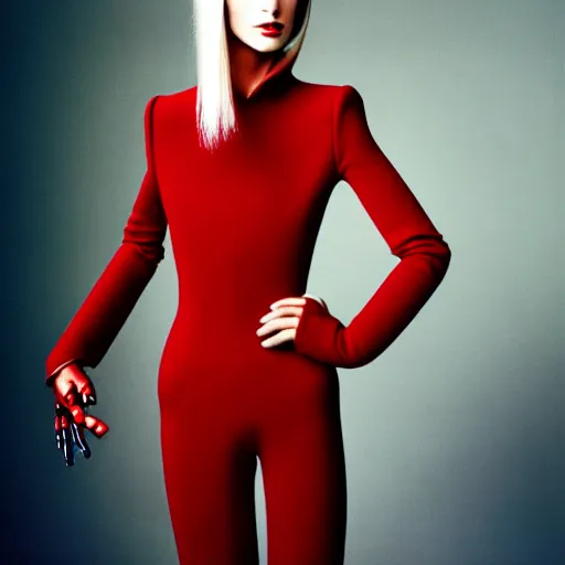 Image similar to photograph by annie leibovitz of robotic blonde female wearing designer clothes