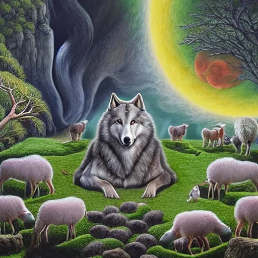 Image similar to a wolf with 2 sheep meditating in a zen garden with a waterfall under the blood moon, by Adi granov and afarin sajedi and amanda sage and evgeni gordiets and Agostino Arrivabene and adonna khare in a psychedelic portrait style, ultrarealistic matte painting, volumetric lighting, fractal, extremely symmetrical, highly detailed face, orisha, 8k, hd