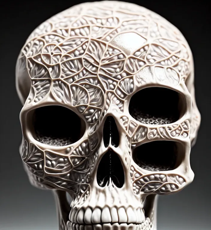 Image similar to Skull, A Close up photo-real delicate ceramic porcelain sculpture of a symmetrical ornate detailed in front of an intricate background by Victo Ngai and takato yamamoto, micro detail, backlit lighting, face in focus, subsurface scattering, translucent, thin porcelain, octane renderer, colorful, physically based rendering, japanese pottery, trending on cgsociety