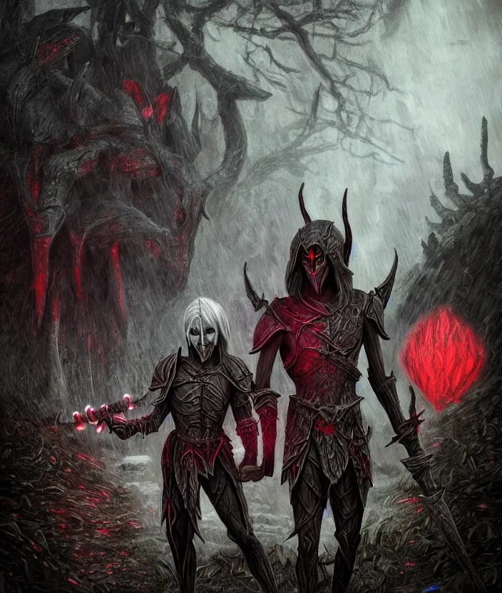 Image similar to A Dark Elf in Daedric armor with white hair and glowing red eyes travels in the rain through the land of Morrowind with his pack guar, Hyper realism, glow, runes, magic, morrowind, Skywind, Ash, Mushrooms, mud, Oblivion, Skyrim, solstheim, dark, gloomy