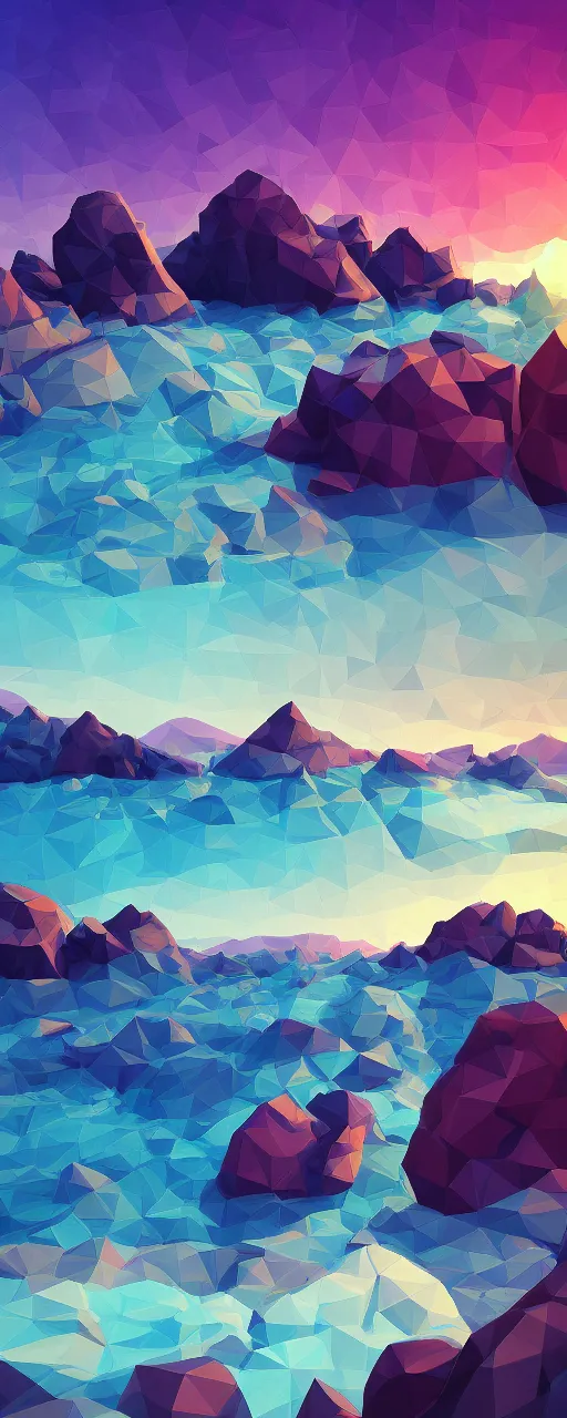 Prompt: super detailed color lowpoly art, northern sunset with rocks on front, monochrome photorealistic bay in the middle of perspective and mountains at background, graphic vessels in random points ow bay, unreal engine, retrowave color palette, 3 d render, lowpoly, colorful, digital art, perspective