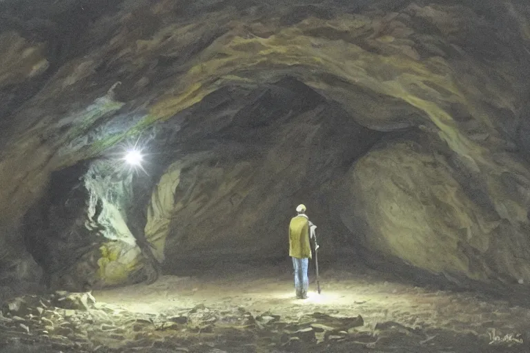 Image similar to A beautiful painting of a lone man with weak flashlight in huge dark underground cave