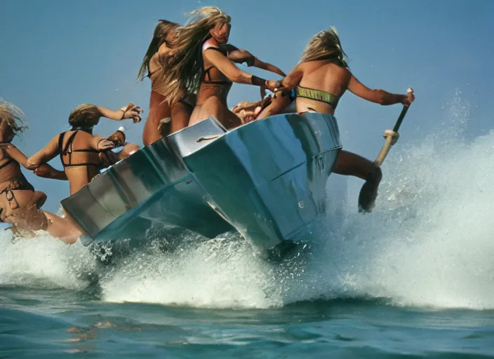 Image similar to photo of viking women in speed boats hunting surfers, fujifilm velvia 5 0