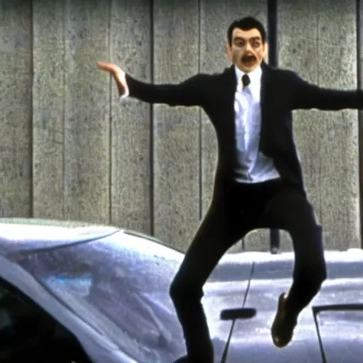 Prompt: Mr Bean in the Matrix, bullet time, cinematic, film clip