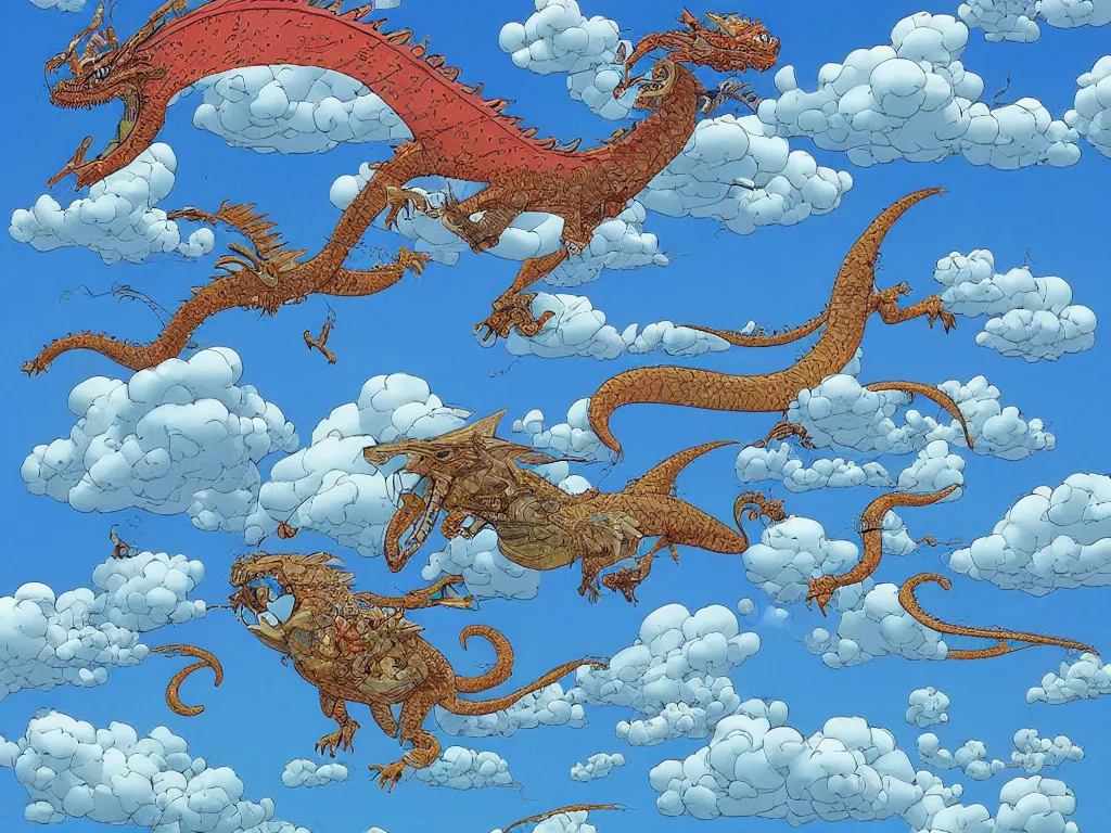 Prompt: blue dragon flying in the clouds, by Geof Darrow and Roger Dean, science fiction, trending on artstation