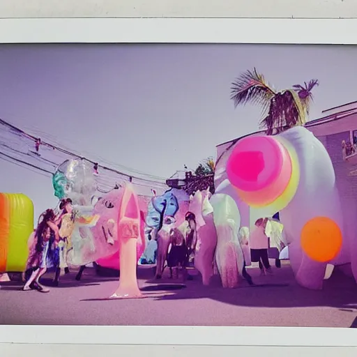 Image similar to a pastel colour high fidelity wide angle Polaroid art photo from a holiday album at a seaside with abstract inflatable parachute furniture, all objects made of transparent iridescent Perspex and metallic silver, high fidelity people in masks dance in the distance, iridescence, nostalgic