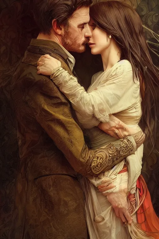 Image similar to portrait of a man in dhl van hugging his wife, feelings, romantic, fantasy, intricate, elegant, highly detailed, digital painting, artstation, concept art, smooth, sharp focus, illustration, art by artgerm and greg rutkowski and alphonse mucha