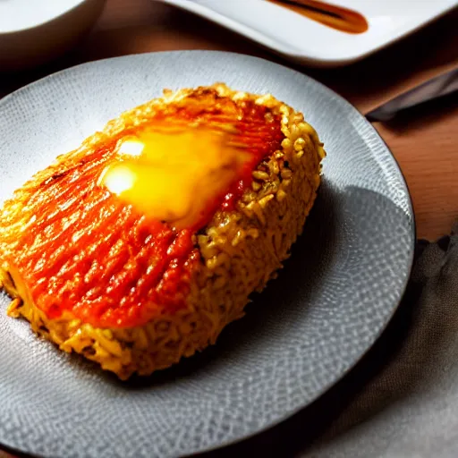 Image similar to a minimalist eating omurice on a embossed silver plate, color restoration, clear focus, golden hour