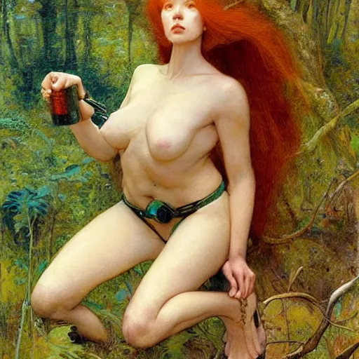 Image similar to beautiful female cyborg with auburn hair and a perfect body, lounging in the Marian forest at dusk, strange insects, by Edgar Maxence and Ross Tran and Michael Whelan and Gustav Klimpt