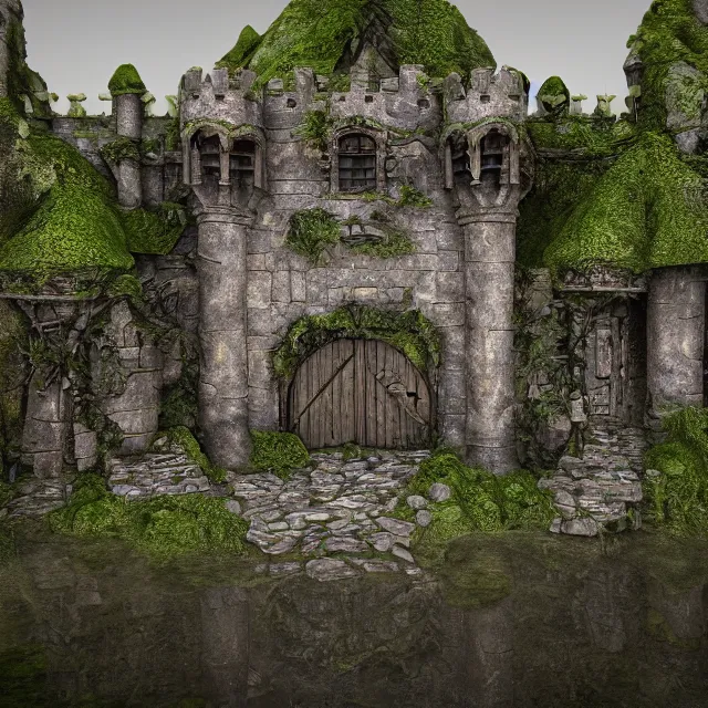 Image similar to a beautiful realistic detailed castle carved in a stone, gate, surreal, surrounded by mold and moss, photorealistic, octane render, volumetric lighting, 8 k, cinematic lighting, hd