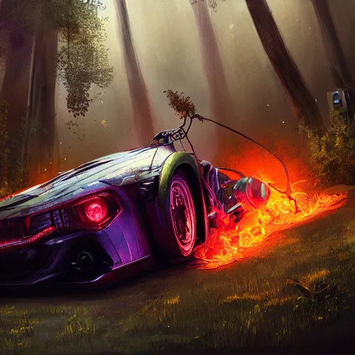 Prompt: cyberpunk car on fire in the middle of the woods, stylized, artgerm, artstation, hd, cgsociety, cgi, realistic, dramatic, cinematic, artistic, trending, detailed